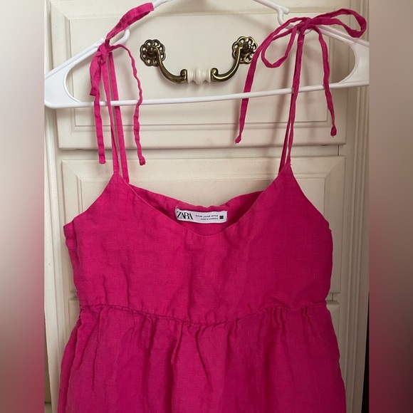 Zara Hot Pink Linen Ruffle Bow Shoulder Dress - Picture 2 of 6
